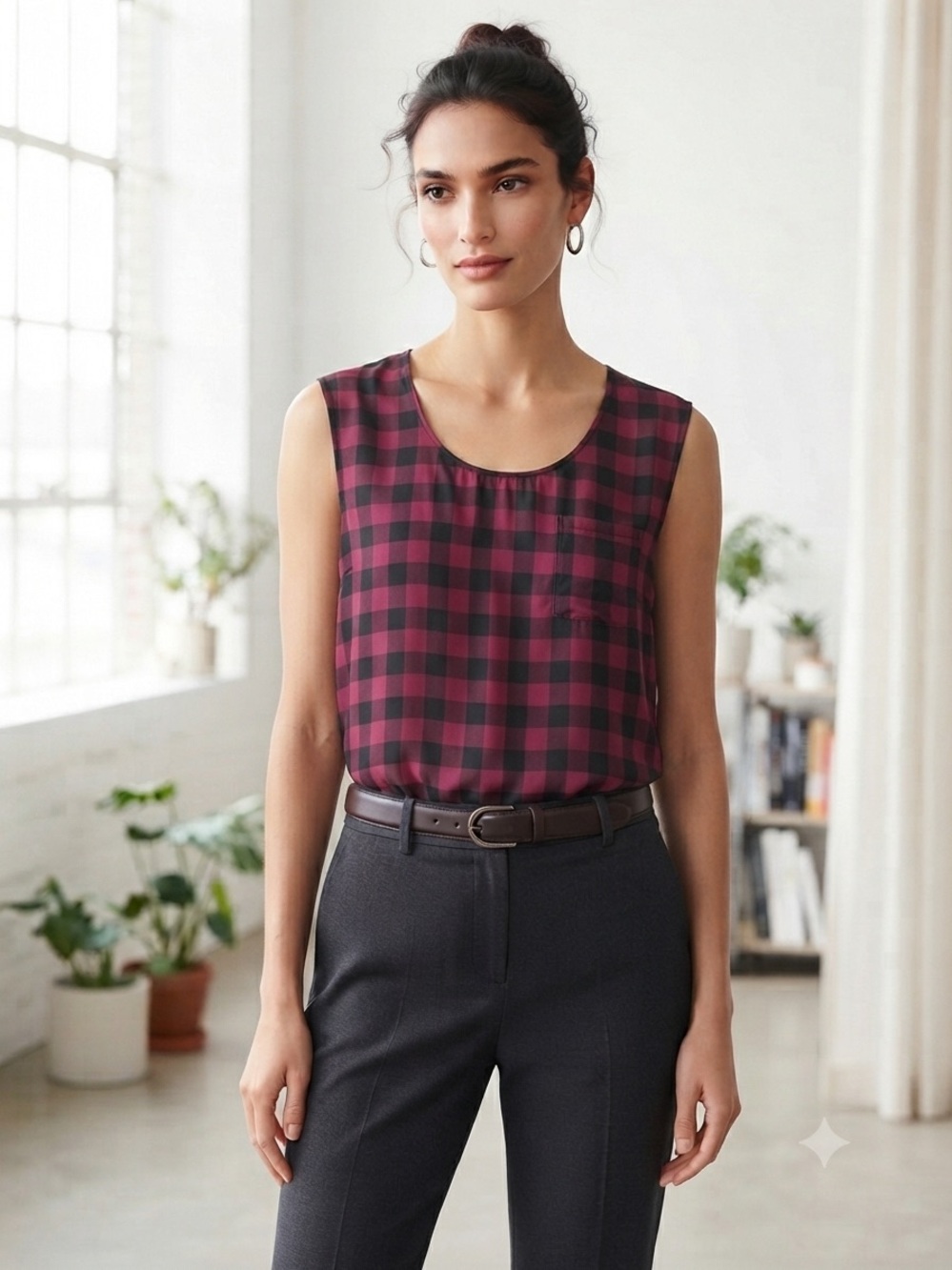 LOFT Burgundy and Black Plaid Sleeveless Shell Top